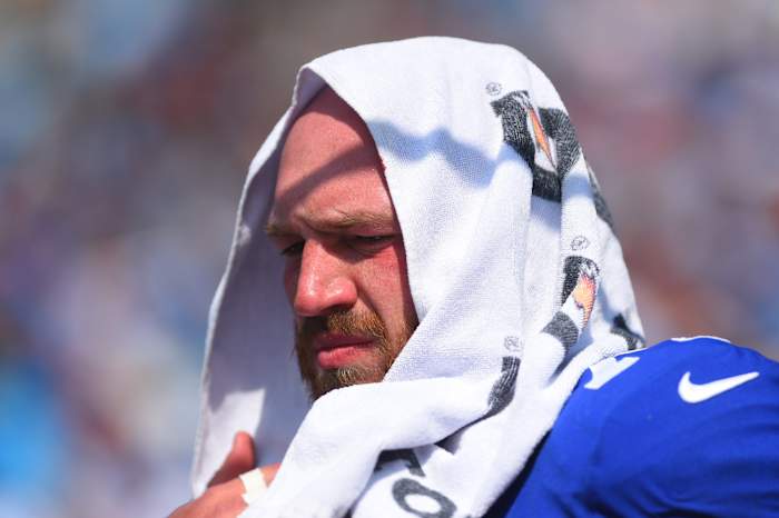 New York Giants center Spencer Pulley (77) on the sidelines in the first quarter at Bank of America Stadium.